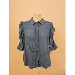 Sam Edelman Chambray Puff Sleeve Button Front Blouse Women's Large Blue Tencel